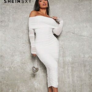 SHEIN White Off-Shoulder Ruched Dress